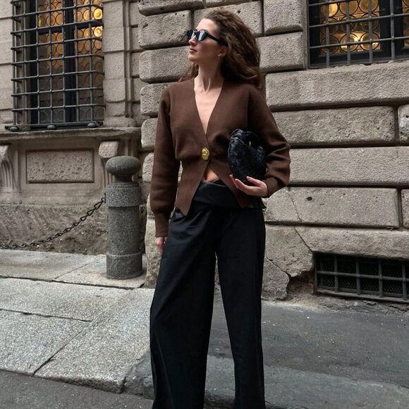 Brown Casual Women's V-Neck Button Long Sleeved Knitted Cardigan Top - Picture 3 of 7